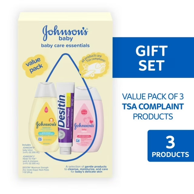 Johnson's Baby Care Essentials Gift Set, Travel-Size, 3 Items
