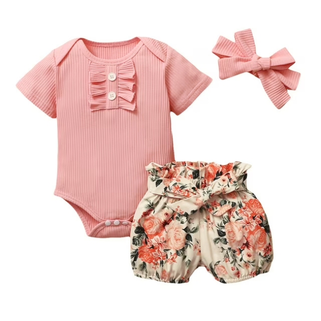 3-Piece Baby Girl Outfit – Bowknot Romper & Floral Shorts Set (Pink)